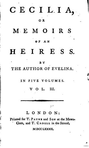 Cecilia, or, Memoirs of an heiress cover